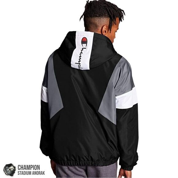 CHAMPION MEN’S STADIUM ANORAK BLACK 1/2 ZIP PULLOVER HOODED WINDBREAKER JACKET - Picture 3 of 15